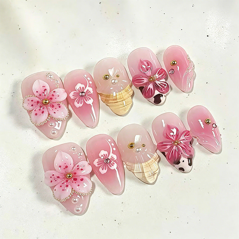 Handmade 3D Pink Flower Press-On Nails, Short Almond Shape, Floral False Nails, Reusable Nail Tips 💅🌸