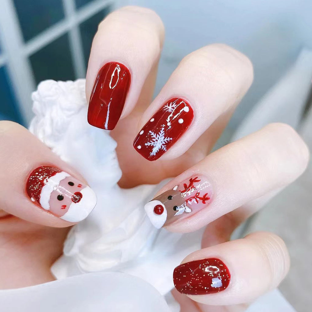 Handmade Christmas Press-On Nails, Cute Red Santa Claus, Reindeer & Snowflake Design, Solid Red Holiday False Nails for Women, Festive Christmas Nail Art
