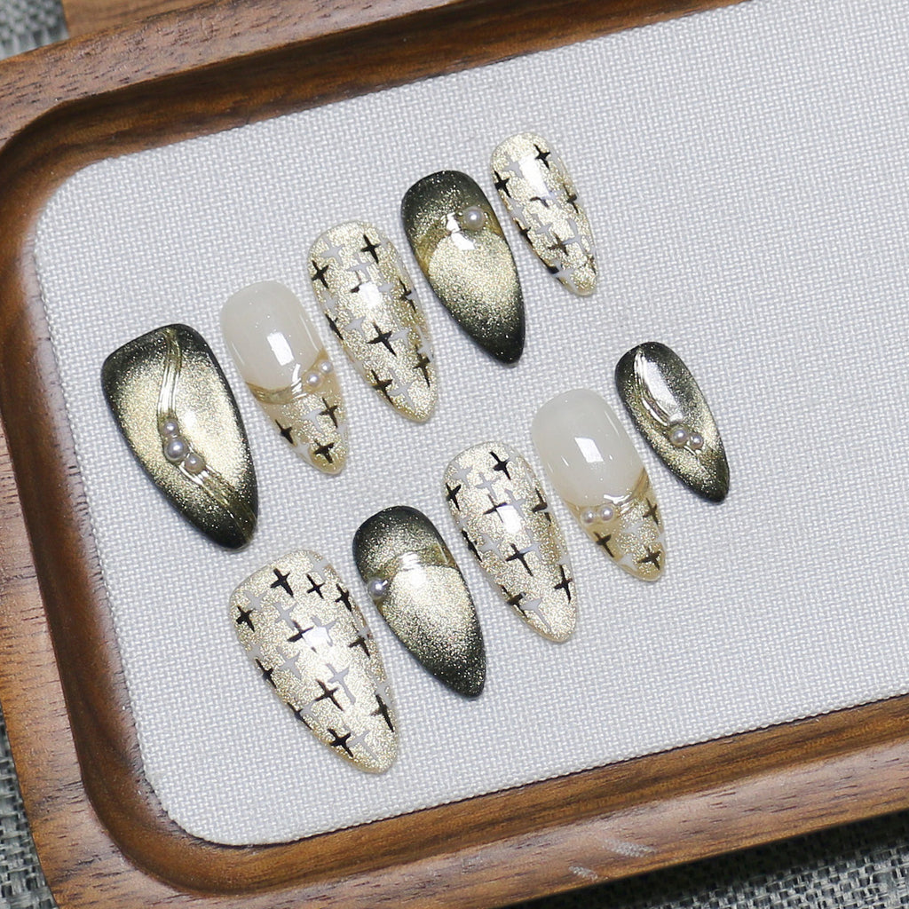 Handcrafted Gold Cat-Eye French Press-On Nails, Sparkling Sweet & Edgy Almond False Nails, Premium Reusable & Removable Nail Tips