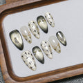Handcrafted Gold Cat-Eye French Press-On Nails, Sparkling Sweet & Edgy Almond False Nails, Premium Reusable & Removable Nail Tips