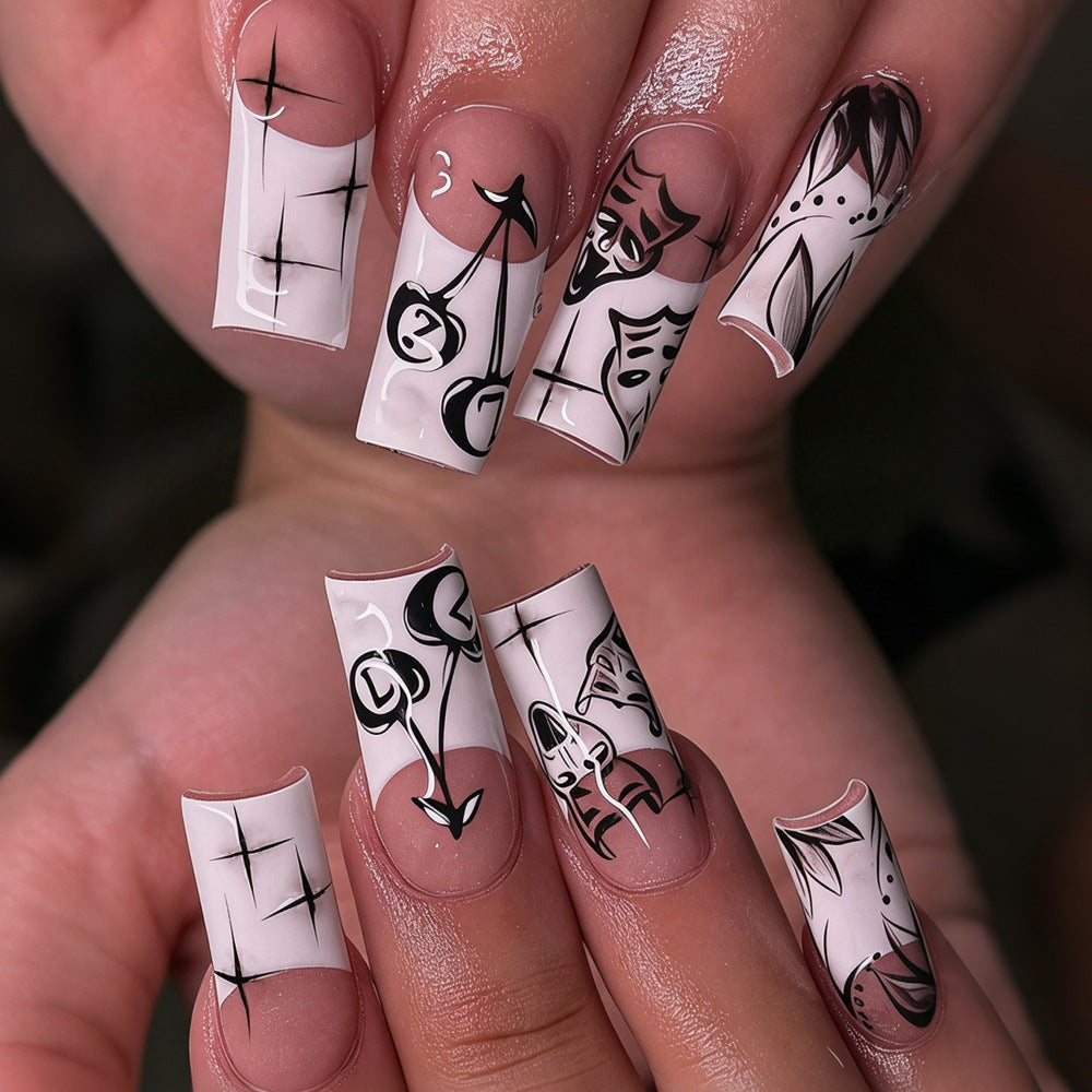 Black Starry Cherry Mask White French Press-On Nails, Edgy Sweet-Cool Removable False Nails, Trendy Gothic-Inspired Nail Art