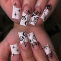 Black Starry Cherry Mask White French Press-On Nails, Edgy Sweet-Cool Removable False Nails, Trendy Gothic-Inspired Nail Art