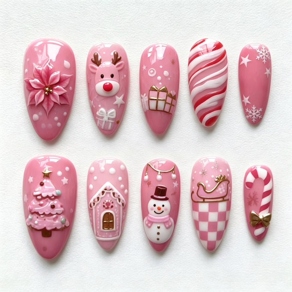 Pink Christmas Tree Almond Press-On Nails with Elegant Bow Design – 30-Piece Set