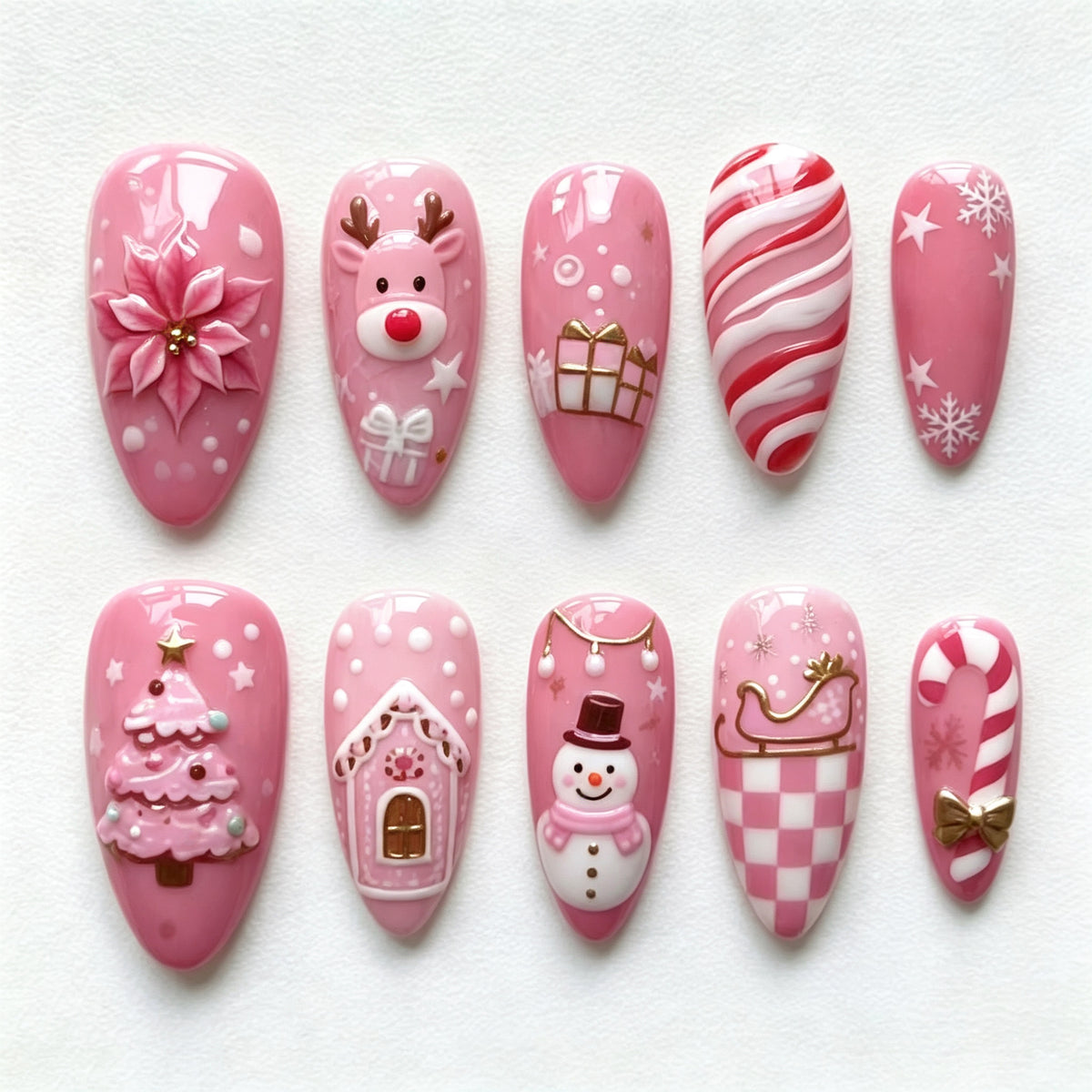 Pink Christmas Tree Almond Press-On Nails with Elegant Bow Design – 30-Piece Set