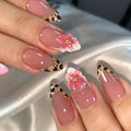 Handmade Leopard Print French 3D Flower Press-On Nails, Long Almond Shape, Bold Glamorous Nail Art for Women