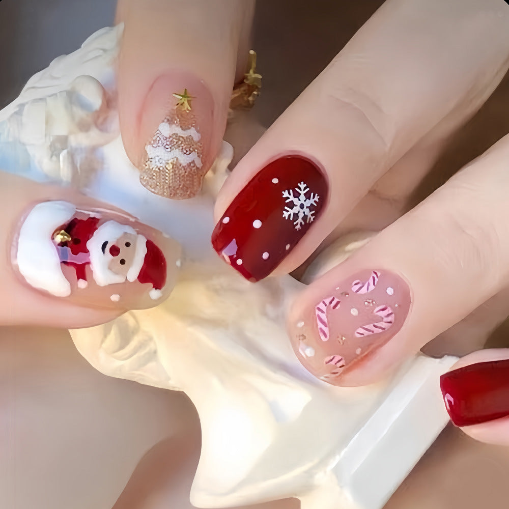 Cute Christmas Press-On Nails for Fall & Winter, Cartoon Santa Claus & Glitter Christmas Tree Design, Brightening Festive Holiday Nail Art
