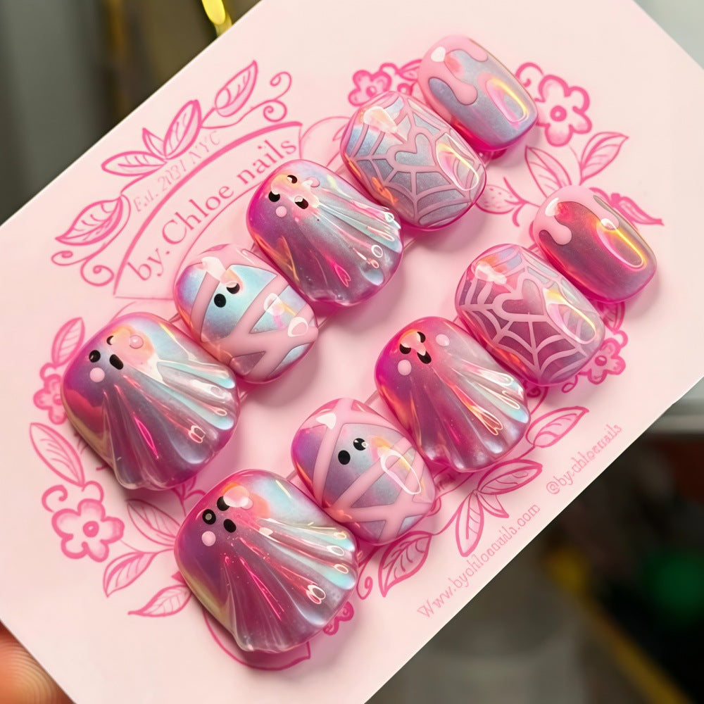 Halloween Cute Ghost Cat-Eye Press-On Nails – Sweet Heart, Spider Web, Mummy & Pink Dripping Slime False Nails, Spooky Kawaii Reusable Nail Art Set 👻💗🕸️