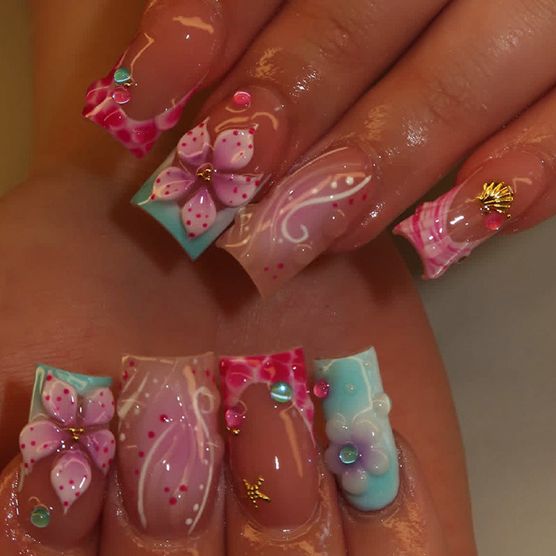 New Sweet & Edgy Pink French 3D Floral Press-On Nails – Hand-Sculpted Square False Nails with Rhinestone Accents, 24-Piece Set
