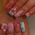New Sweet & Edgy Pink French 3D Floral Press-On Nails – Hand-Sculpted Square False Nails with Rhinestone Accents, 24-Piece Set