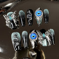 Handcrafted Premium Press-On Nails, 3D Metal Butterfly False Nails, Reusable & Removable, “Deep Sea Eyes” Medium Coffin Shape