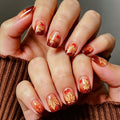 New Fall & Winter Press-On Nails, Glitter Gradient Maple Leaf Design, Vintage European & American Style, Short Square False Nails