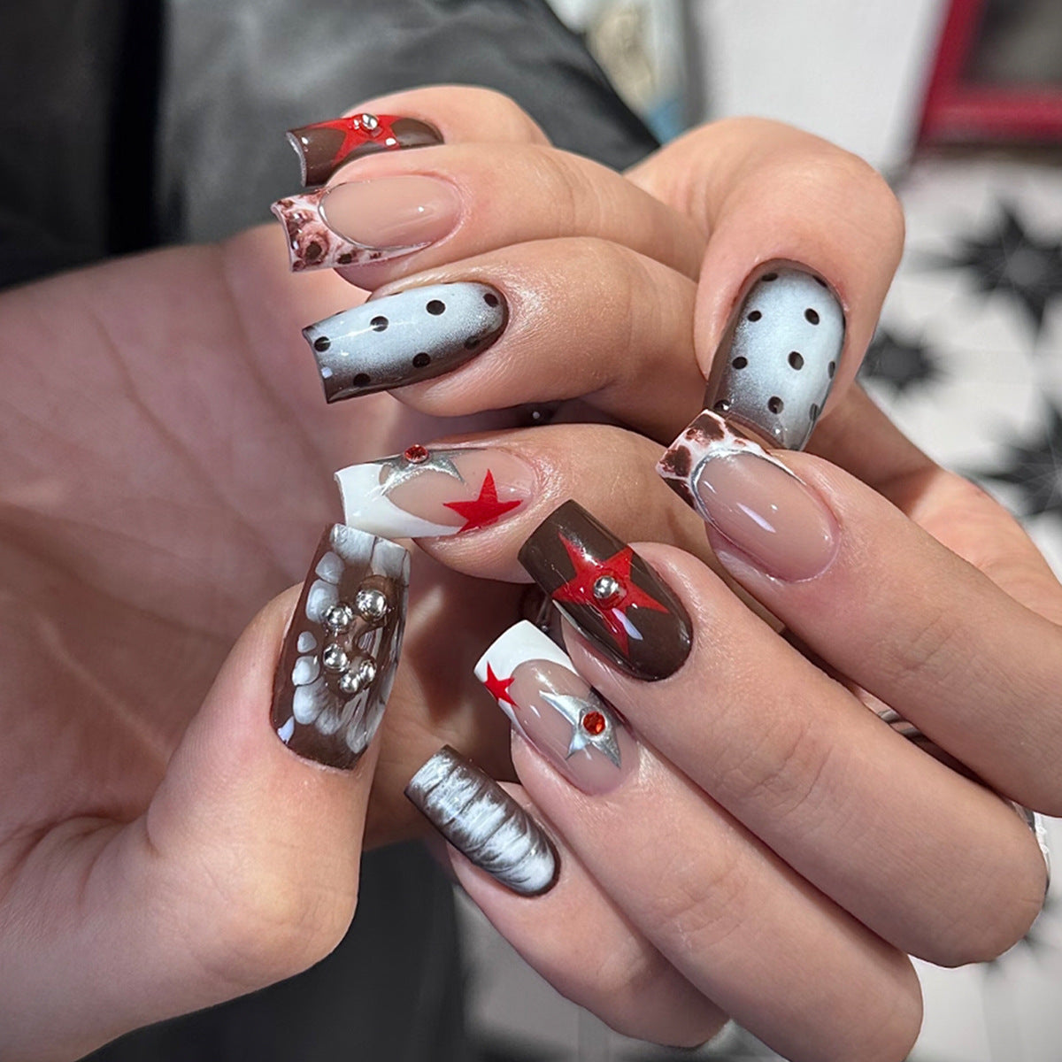 Handmade Medium Tubular Press-On Nails, Retro Polka Dot Nail Art with Rhinestone Embellishments, Sweet & Edgy Vintage False Nails