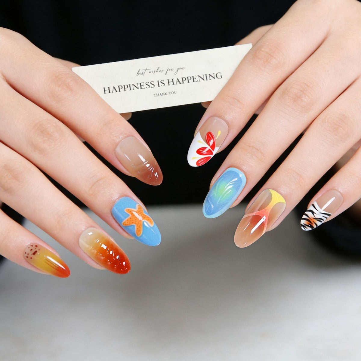 Handmade 3D Press-On Nails, Starfish & Seashell Almond False Nails with Floral Blush Gradient, Tropical Island Vacation Style Nail Tips for Women
