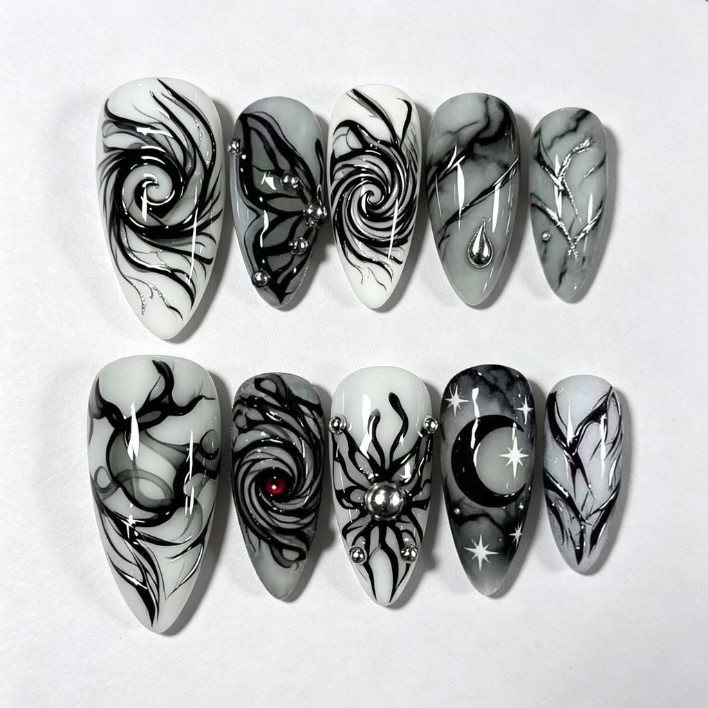 Y2K Gothic Press-On Nails – Dark Swirl & Gold Foil Almond Nail Set, 30 Pieces