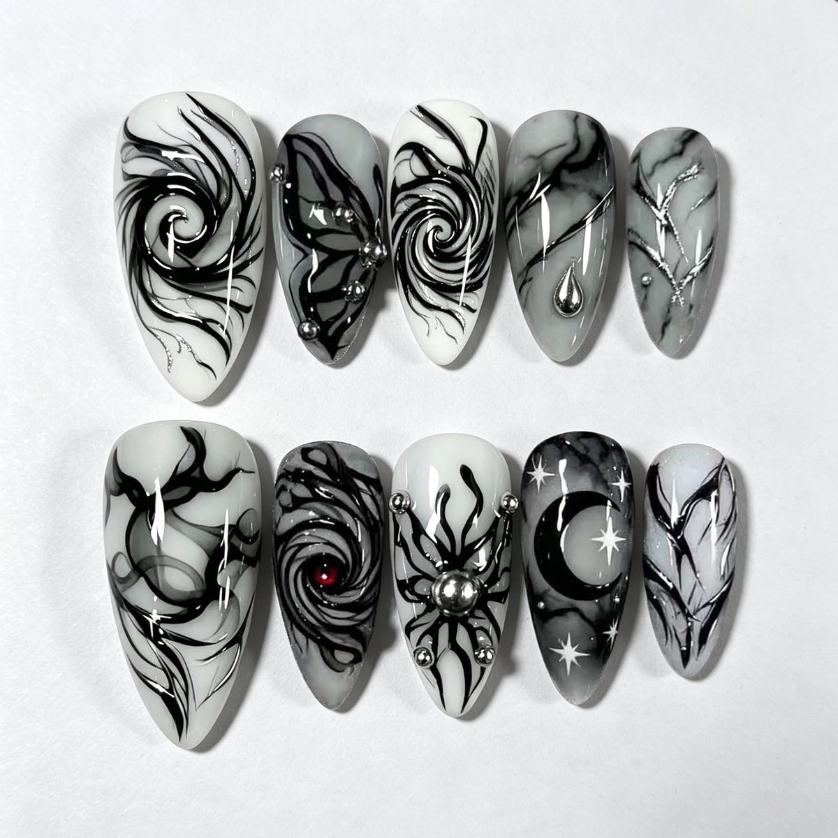 Y2K Gothic Press-On Nails – Dark Swirl & Gold Foil Almond Nail Set, 30 Pieces