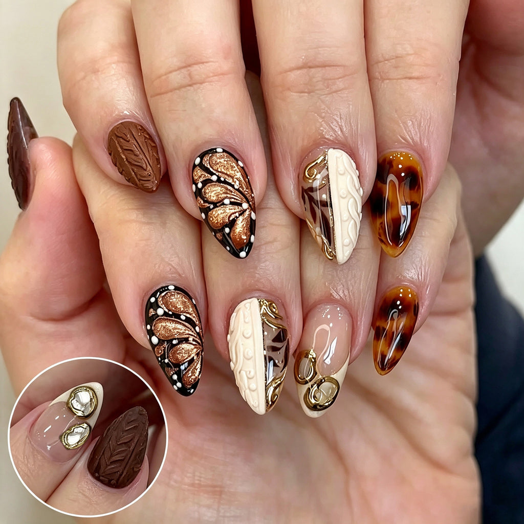 Fall Winter Brown Butterfly Almond Press-On Nails – Elegant Leopard Print & Gold Design, 30-Piece Set