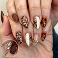 Fall Winter Brown Butterfly Almond Press-On Nails – Elegant Leopard Print & Gold Design, 30-Piece Set