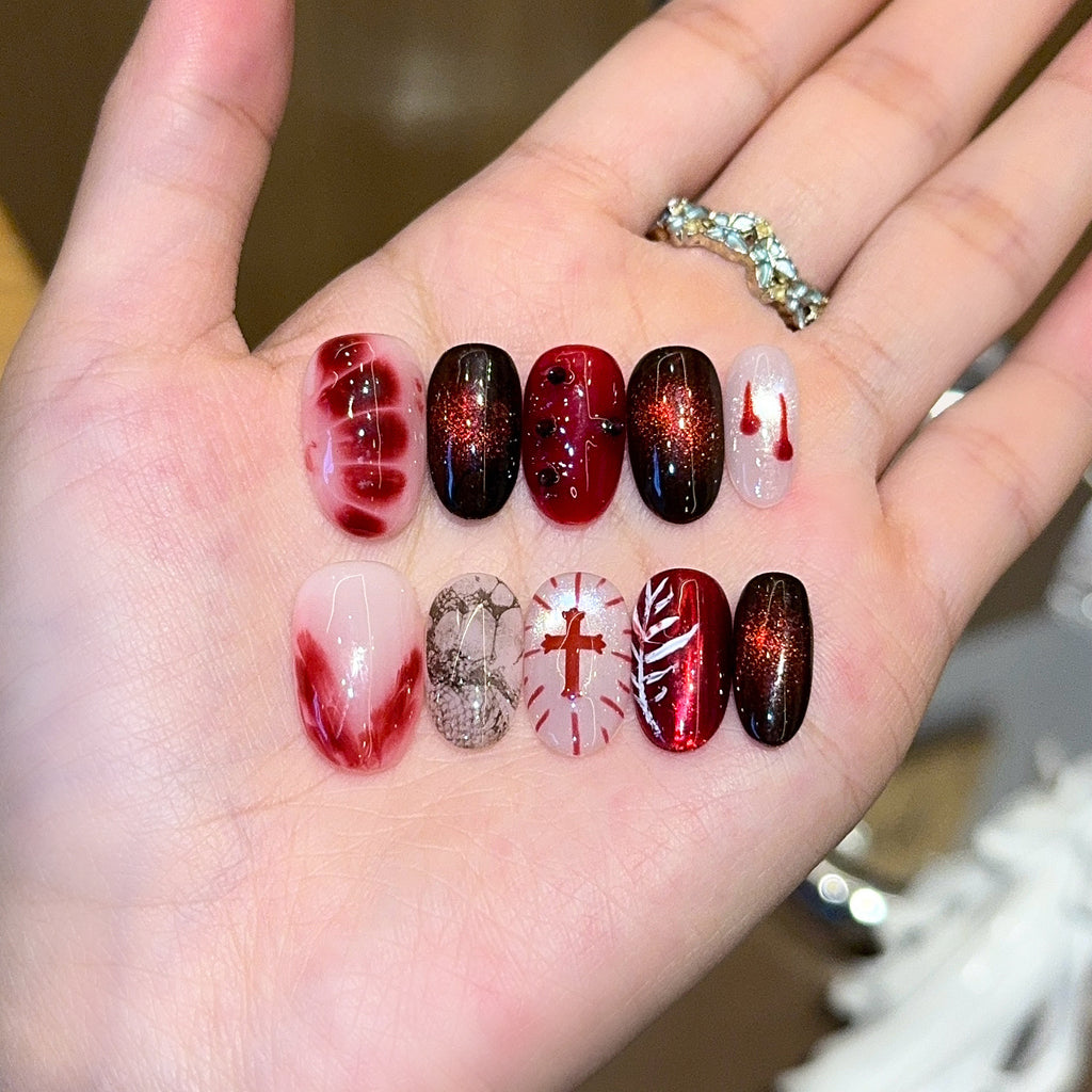 Blood Night Red Eyes – Handmade Gothic Cat-Eye Cross Press-On Nails 🖤