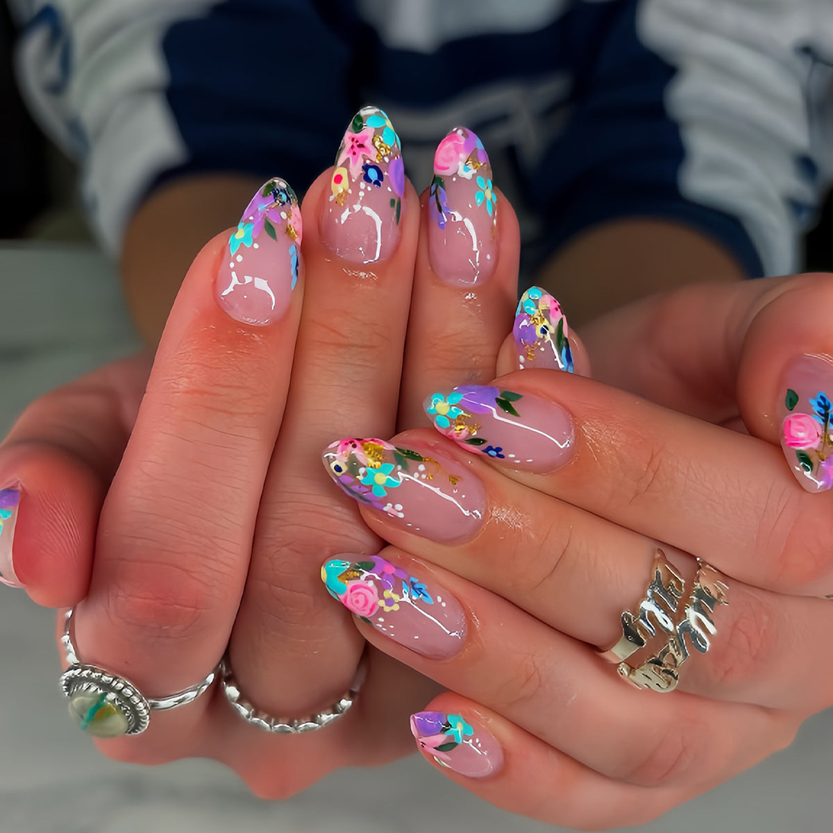 Handmade Almond Press-On Nails, Gold Floral Print Design with Gilded Gold Accents, Elegant Luxury False Nails for Women