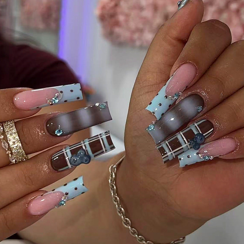 Y2K Blue & Brown Plaid Polka Dot Press-On Nails – 3D Blueberry Design, Unique Long False Nails