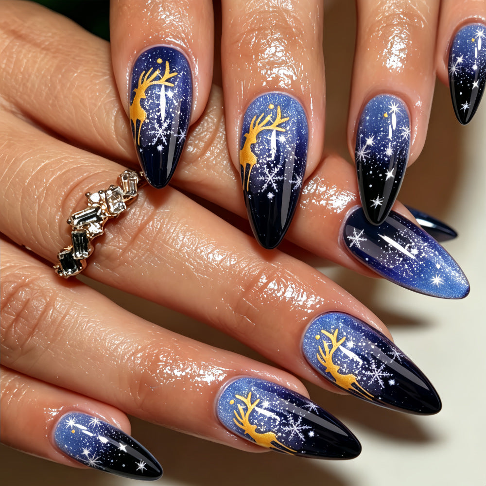 Christmas Reindeer & Snowflake Long Press-On Nails – Blue Gradient Starry Sky False Nail Tips, Reusable Winter Holiday Nail Art Set