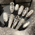 Handcrafted Couture “Fallen Angel” Press-On Nails – Black & White French Cat Eye Cross Design, Luxury Nail Set