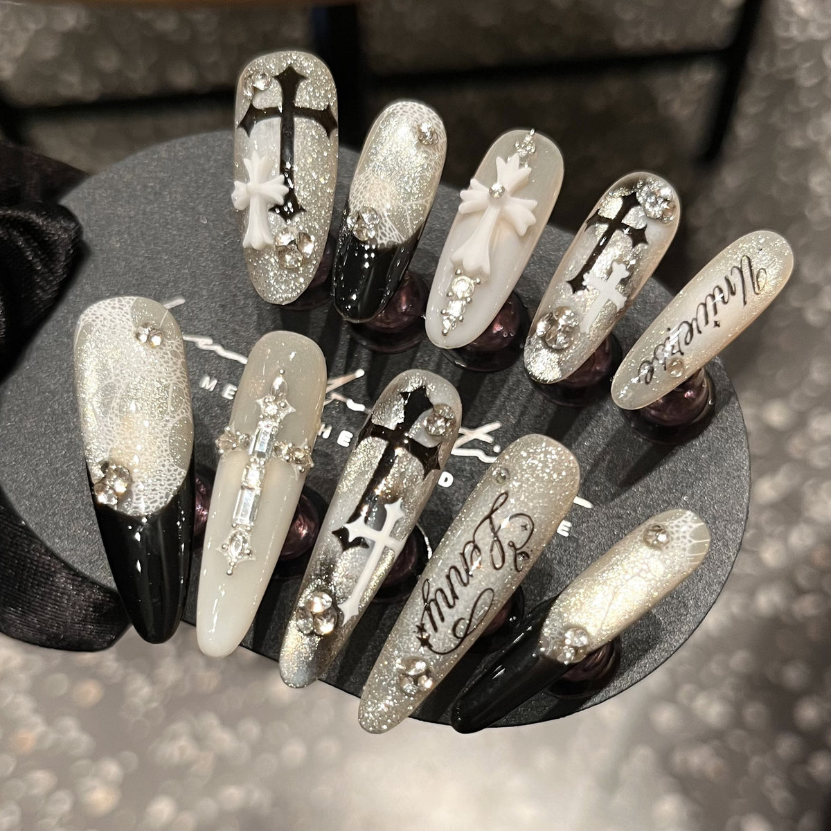Handcrafted Couture “Fallen Angel” Press-On Nails – Black & White French Cat Eye Cross Design, Luxury Nail Set