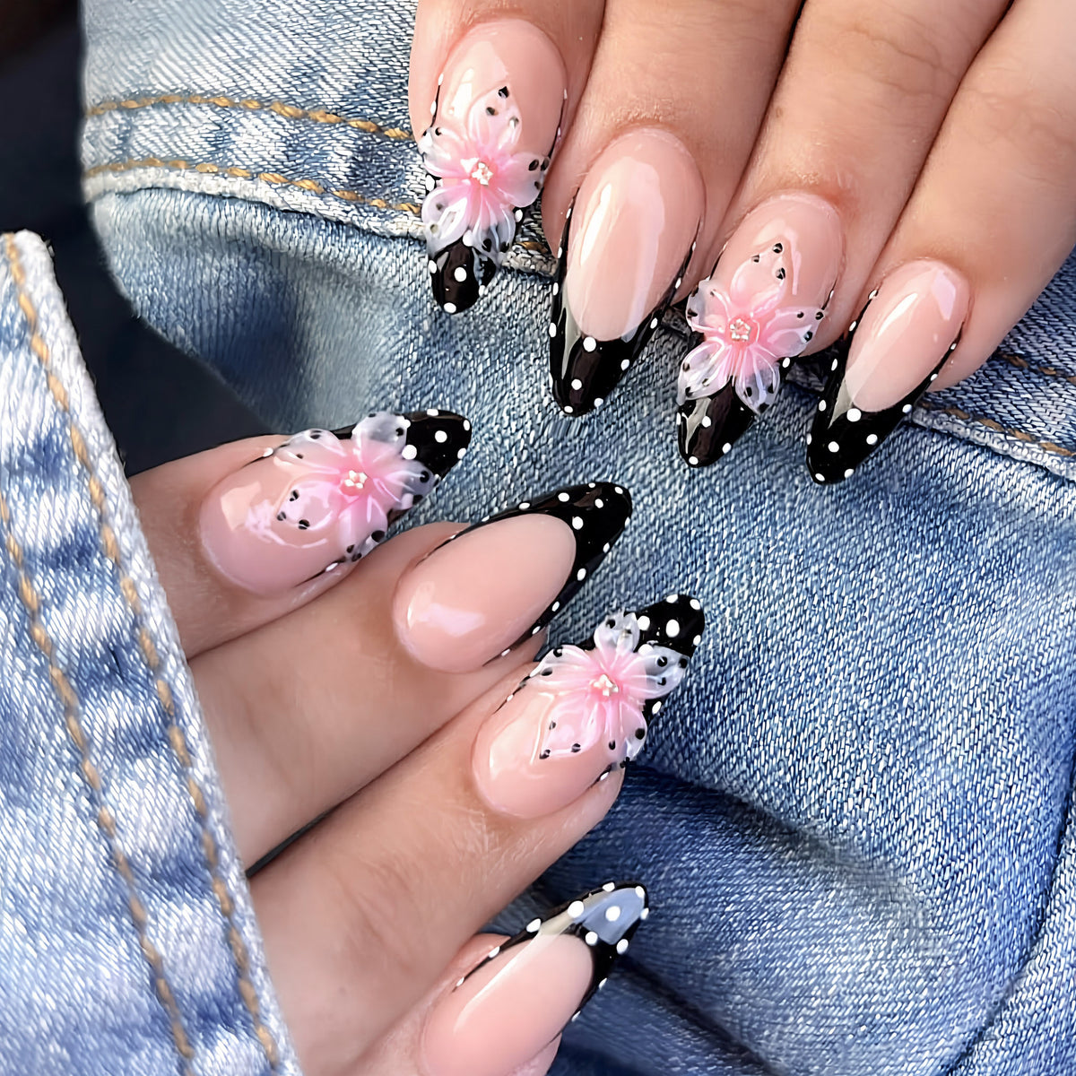 Sweet Blush Gradient Press-On Nails – 3D Flower, Rhinestone & Polka Dot French Almond Nails, 30-Piece Set