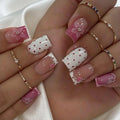 Handmade 3D Floral Press-On Nails with Embossed Flowers, Steel Ball Dots & French Tips, Medium-Long Square Nails