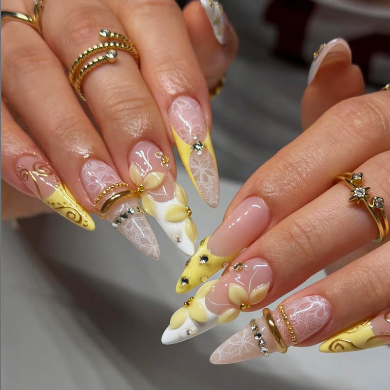 Sheer Pink Nude Lace Press-On Nails – 3D French Pearl Stiletto Nails, Elegant & Flattering ✨