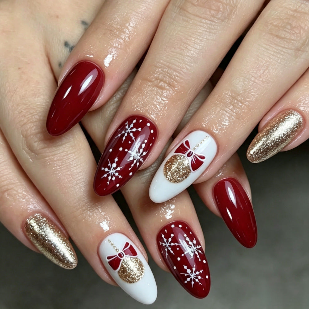 Christmas Press-On Nails – Trendy Red Snowflake & Gold Glitter Almond Nails, Removable & Reusable Holiday Nail Art Tips