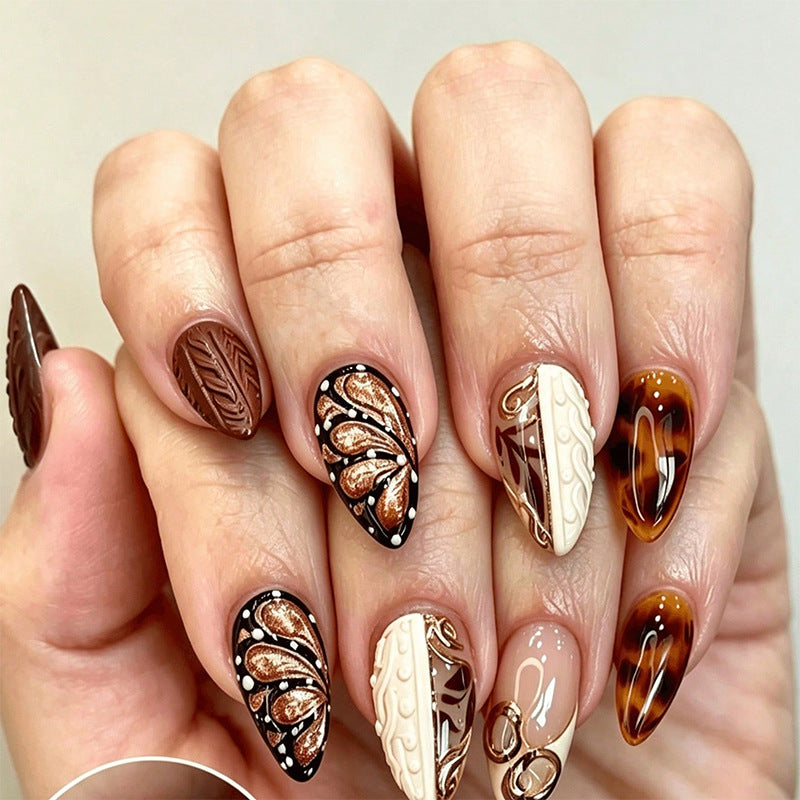 Handmade 3D Embossed Press-On Nails, Hand-Painted Butterfly & Leopard Print, Almond-Shaped Mocha Brown False Nails, Elegant Luxury Nail Tips for Women