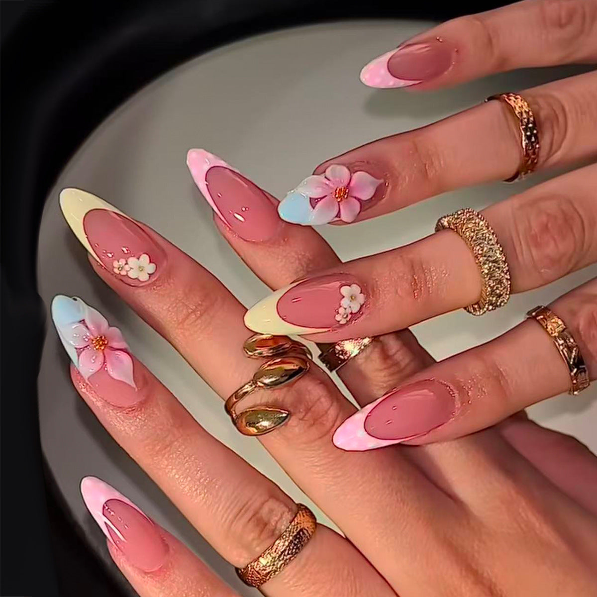 Medium-Long Almond Press-On Nails, Handmade 3D Floral French Fake Nails with Rhinestone Details, Elegant Embossed Flower Manicure Set for Women