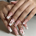 Handmade Pink & White Bow Flower Rhinestone French Press-On Nails, 24-Piece Long Square Fake Nails