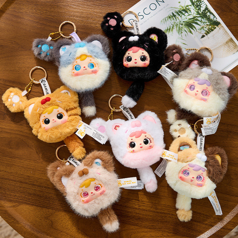 Samuel SanXiaoMao Paw Paw Plush Blind Box Keychain Toy, Cute Kawaii Bag Charm Pendant, Soft Collectible Mini Doll, Birthday Christmas Gift for Girls