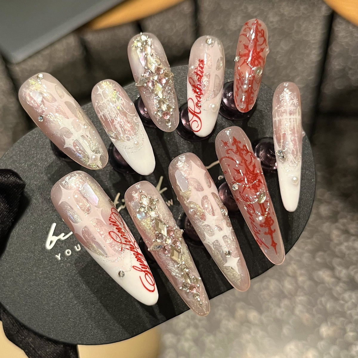 Handcrafted Couture “Judgment Angel” Press-On Nails – Pink & White French Cross Design with Luxe Rhinestone Embellishments