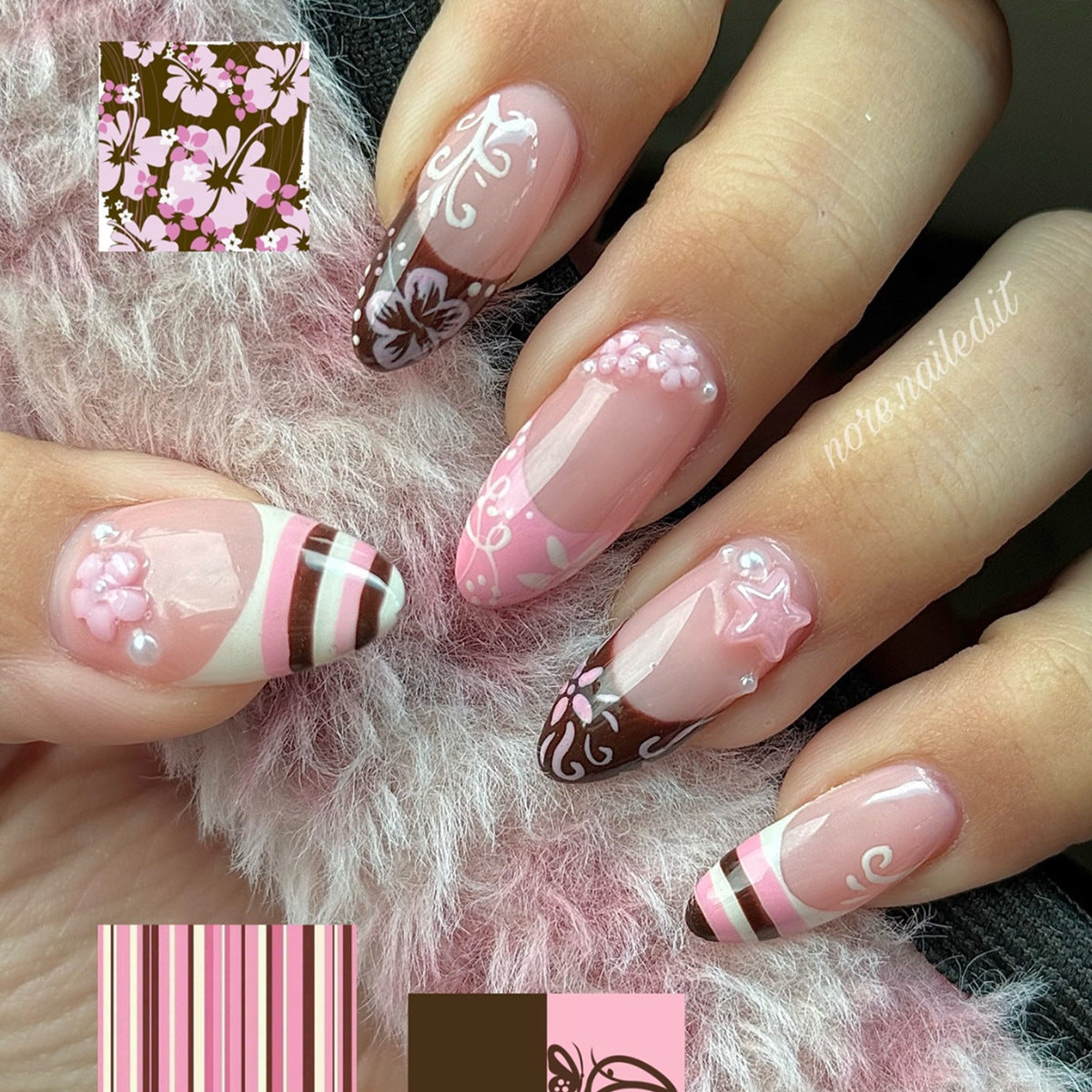 Handmade Almond Press-On Nails, Pink & Brown Striped Floral Nail Tips, Flower & Line Design Reusable False Nails 🌸💅