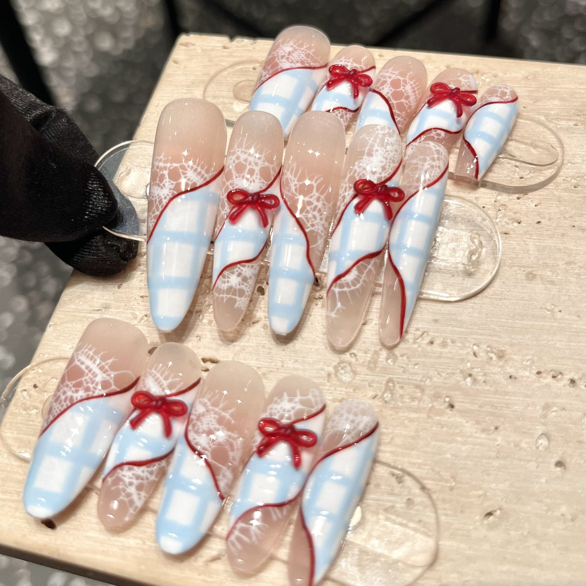 Handcrafted Luxury Blue Plaid Press-On Nails – Blue Lace & Hand-Painted Red Bow Design