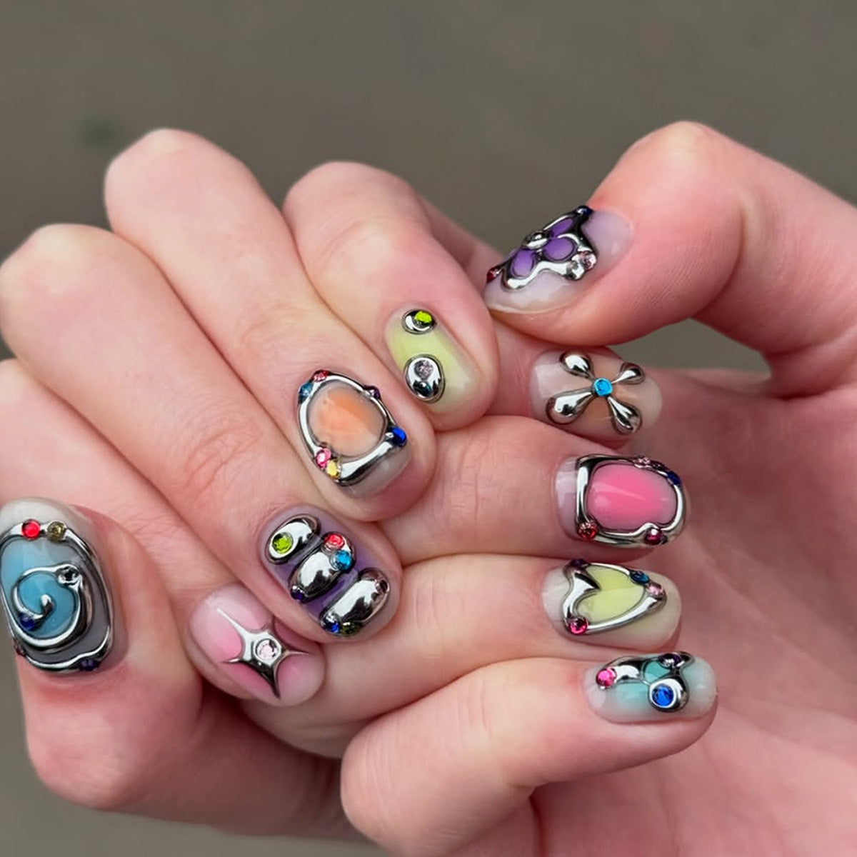 Short Oval 3D Press-On Nails, Mint Green False Nails with Raised Resin Details and Colorful Rhinestone Accents, Cute Everyday Nail Art