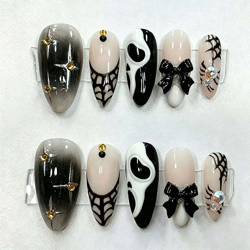 Handmade Halloween Almond Press-On Nails, Spider Web Design with Bow & Rhinestone Accents, Cute Trendy False Nails, Nail Tips for Women & Girls
