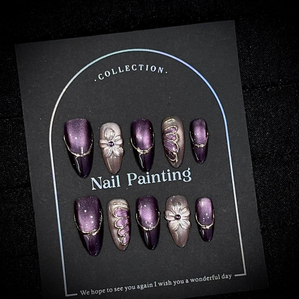Luxury Purple Cat-Eye Almond Press-On Nails – Handmade 3D Sculpted Floral False Nails 💜