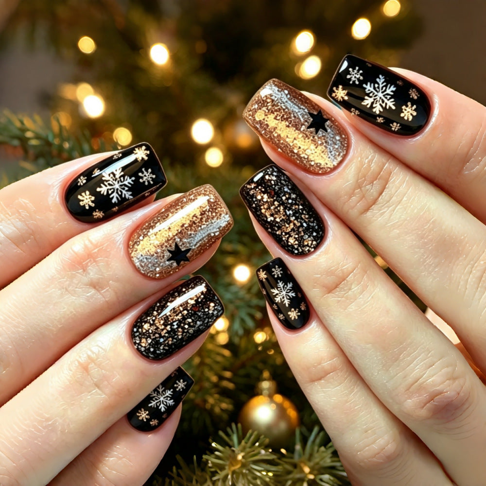 Christmas Press-On Nails – Dark Glitter Snowflake Nail Art, Reusable & Removable False Nail Tips, Ready-to-Wear Holiday Manicure Set