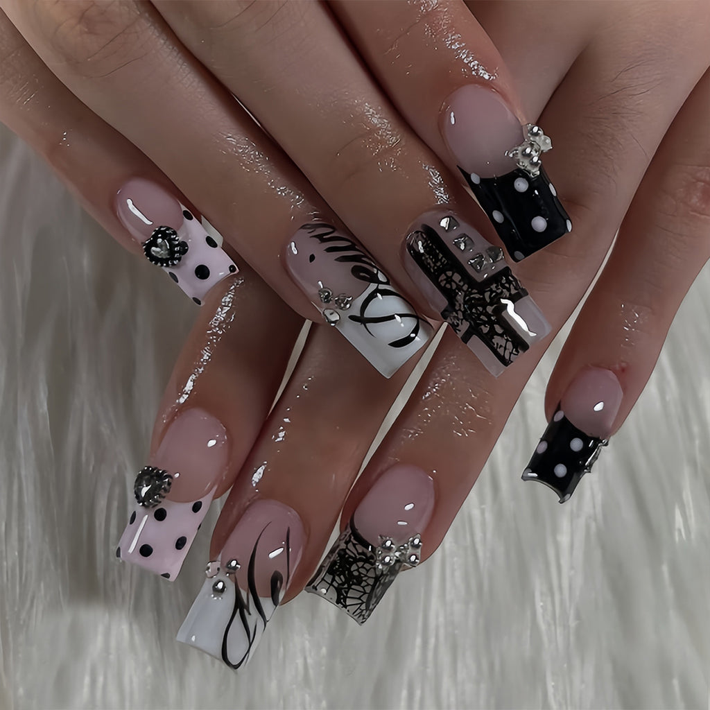 Square French Tip Press-On Nails, Edgy Dark-Style False Nails, French, Y2K Glam, European & American, Sweet & Cool Nail Tips 🖤💅