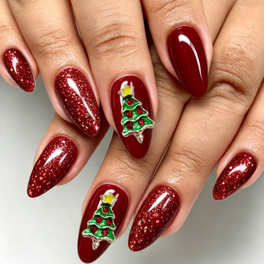 Burgundy Christmas Press-On Nails – 3D Rhinestone Christmas Tree, Fine Glitter Almond-Shaped Medium False Nails, Reusable Holiday Nail Art Tips