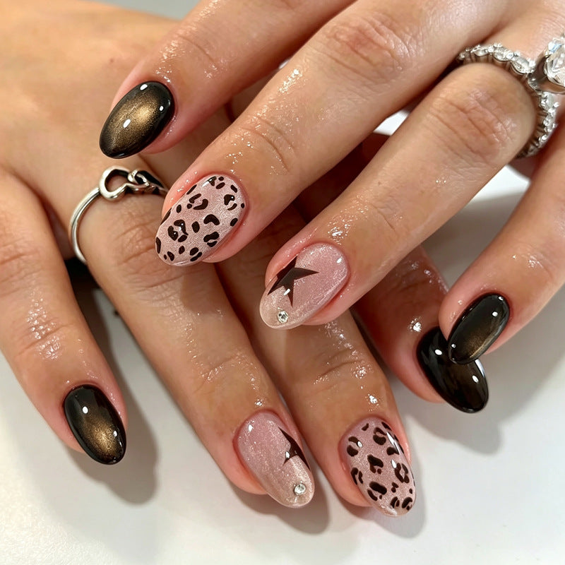 New Leopard Print Press-On Nails, Oval-Shaped Mocha Brown False Nails with Star Design, Trendy Statement Nail Tips for Women