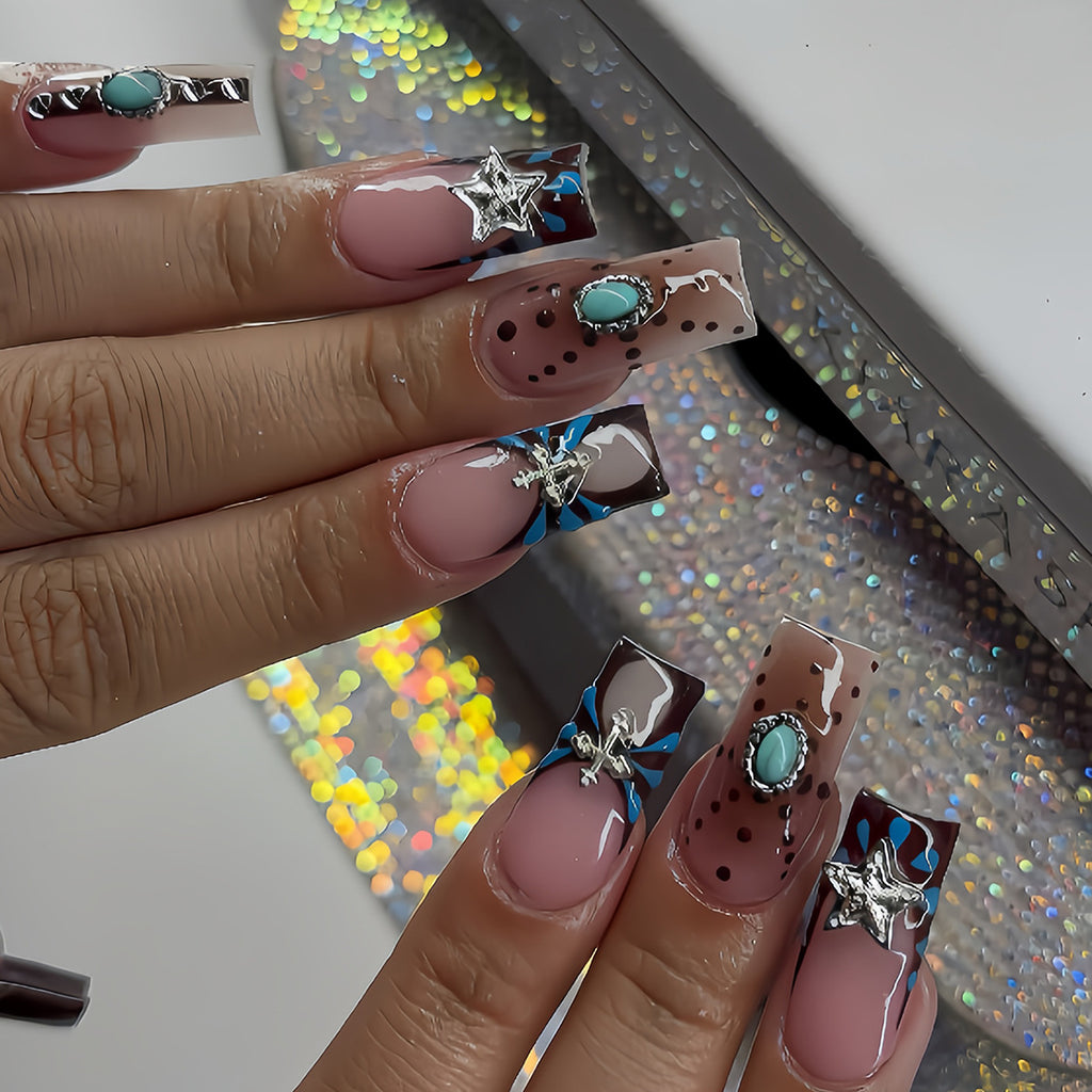 Bohemian 3D Embossed Press-On Nails, Handmade Inlaid Design Fake Nails, Elegant Boho Statement Manicure Set, Versatile Textured Nail Tips for Women
