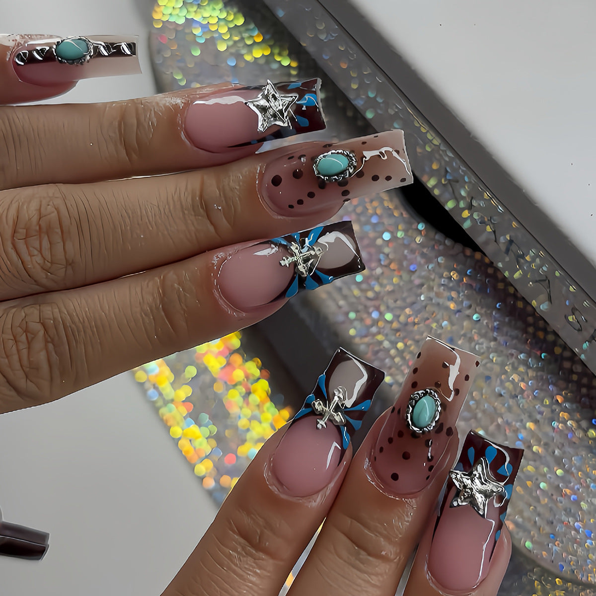 Bohemian 3D Embossed Press-On Nails, Handmade Inlaid Design Fake Nails, Elegant Boho Statement Manicure Set, Versatile Textured Nail Tips for Women
