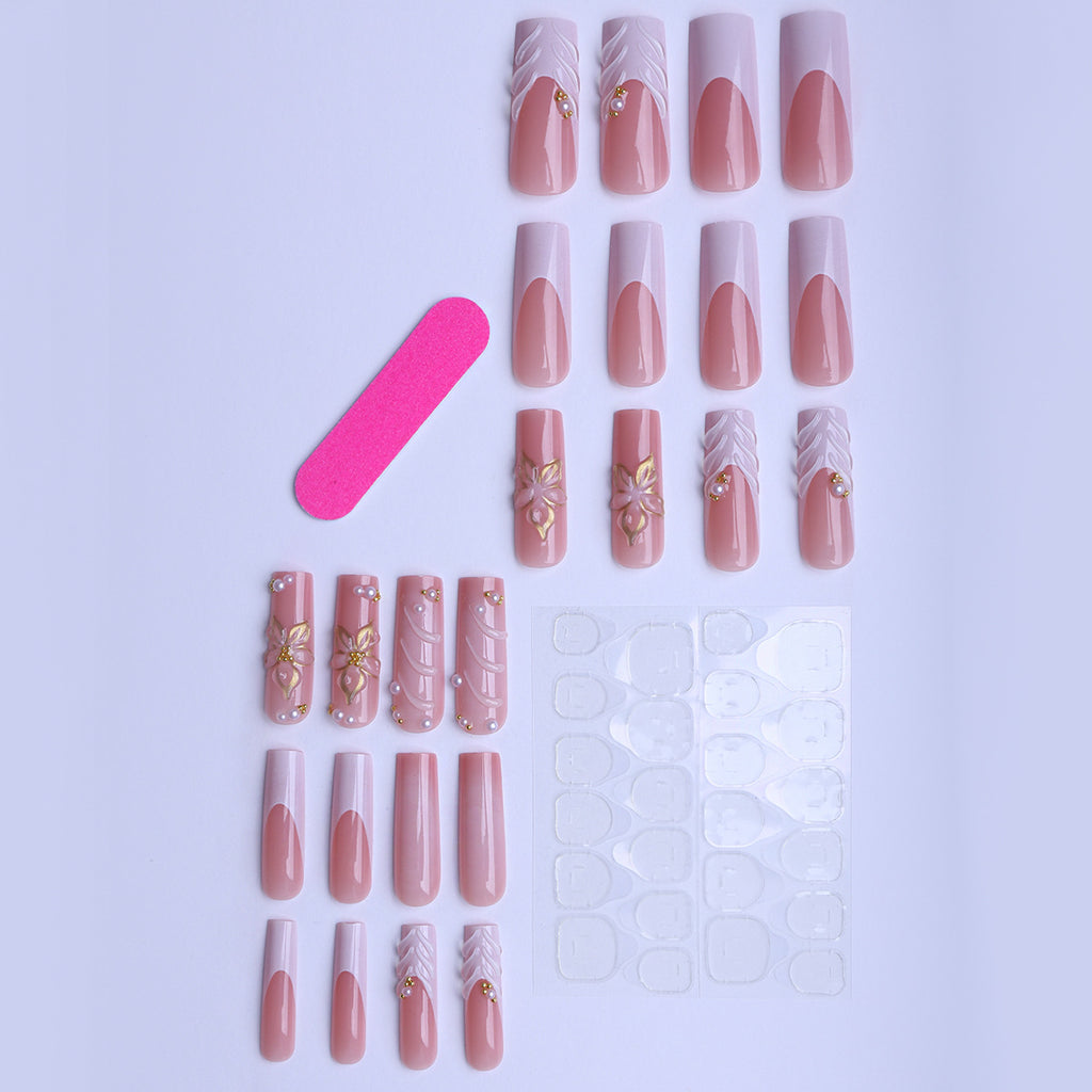 Long Coffin Press-On Nails, White Drip Gel, Gold-Accented 3D Floral Relief, Handmade Rhinestone Nail Tips 💅✨🌸