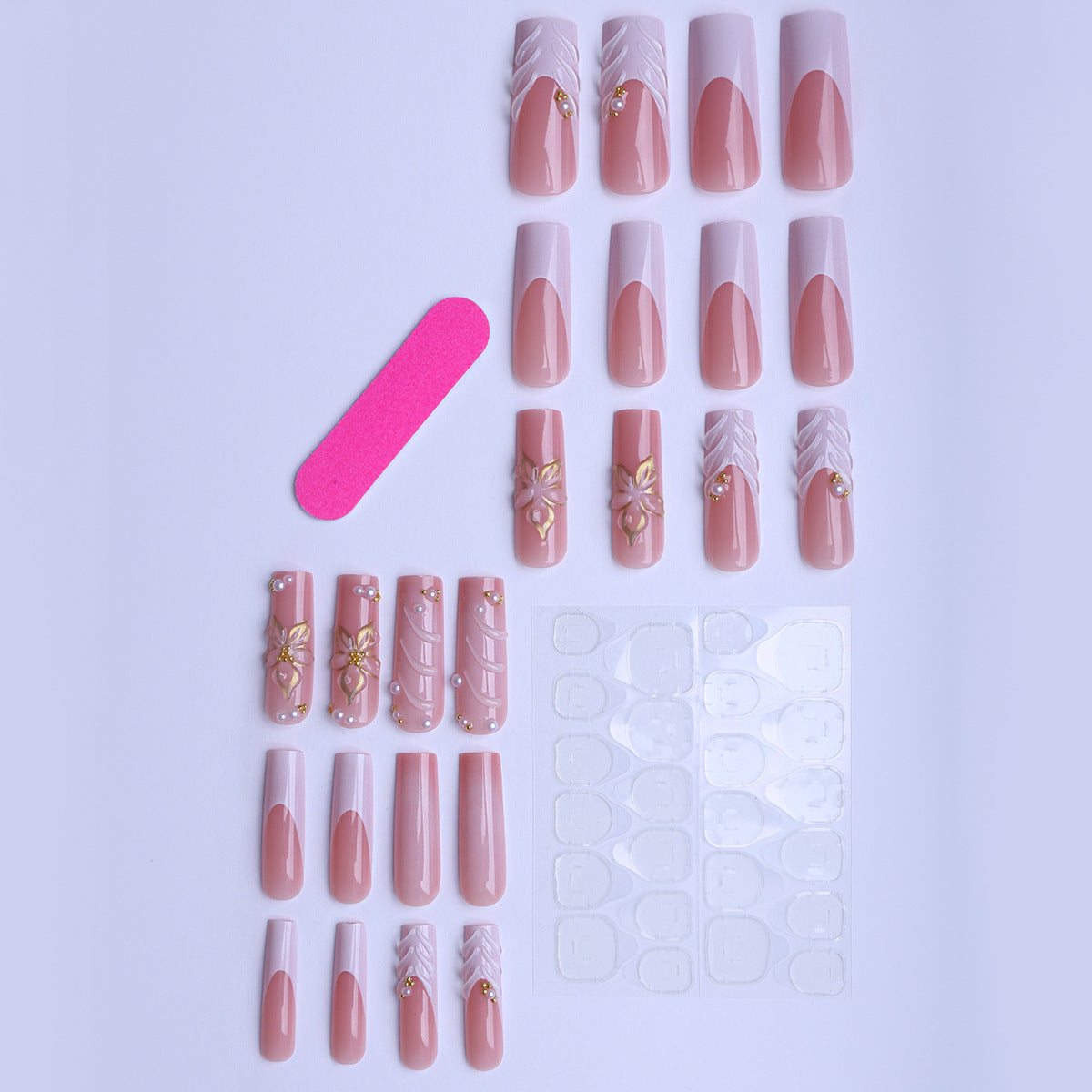 Long Coffin Press-On Nails, White Drip Gel, Gold-Accented 3D Floral Relief, Handmade Rhinestone Nail Tips 💅✨🌸