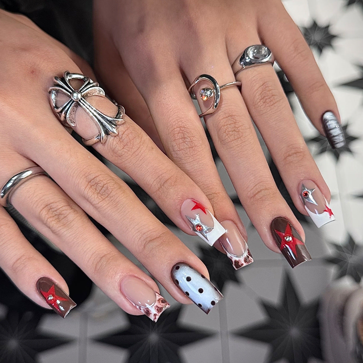Handmade Medium Tubular Press-On Nails, Retro Polka Dot Nail Art with Rhinestone Embellishments, Sweet & Edgy Vintage False Nails